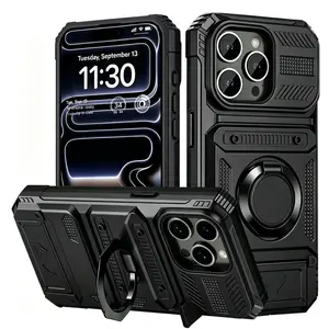 Case For iphone 17 pro max cases for men 16 Pro 15 Pro Max 14 phone case iphone 16 & Samsung phone cases Card Holder Magnetic Rotated Ring Kickstand Layer Heavy Shockproof Wallet Covers Cellphone with Lens Protector