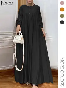 Women's Plain Plicated Button Loose Dress, Casual Bishop Sleeve Round Neck Long Dress for Fall & Winter, Women's Clothing for Daily Wear, Classy Modest Dresses, Modest Style Dress