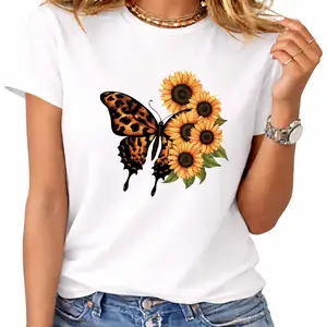 Leopard Print Butterfly And Sunflower Floral Graphic T-Shirt With Botanical Nature Art Design