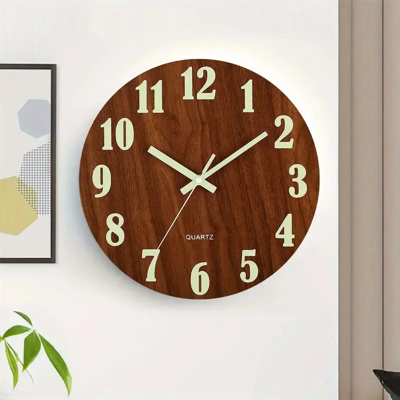 12-inch silent wooden wall clock, Analog wall clock, from Rural Tuscany, with luminous function, day/night display, Japanese quartz movement, perfect for home decor, battery-powered (excluding AA), time visible