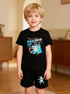 Boys' outfit "Bluey Birthday Cool Guy" cartoon cute dog + BIRTHDAY BOY printed T-shirt + shorts set, full of childlike fun, full of birthday atmosphere, comfortable and eye-catching for daily casual/party wear