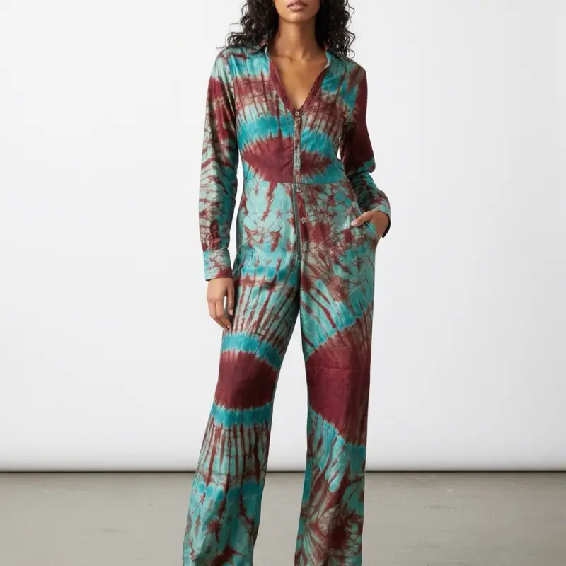 Women's Fashion Tie Dye Jumpsuit - Casual Long Sleeve Fitted 1-Piece Overall, Comfortable Teal All-Seasons Clothes for Everyday Wear, Full Length