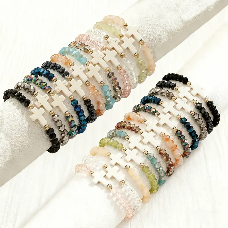 18-Piece Beaded Bracelet Pack, Colorful Stackable Jewelry with a Cross Motif, Stretch Arm Candy for Everyday Wear, Cross Beads Bracelet, Daily Use, Stretch Wear, 18Pcs/Set, Colorful String Bracelets & Bangles