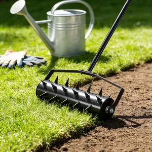 Rolling Lawn Aerator with 2 Inch Steel Spikes Heavy Duty Manual Aerator Tool Lawn Spike Aerator Roller with 56 Inch Handle Soil Penetrator Push Lawn Aeration for Garden Yard Patio, Black