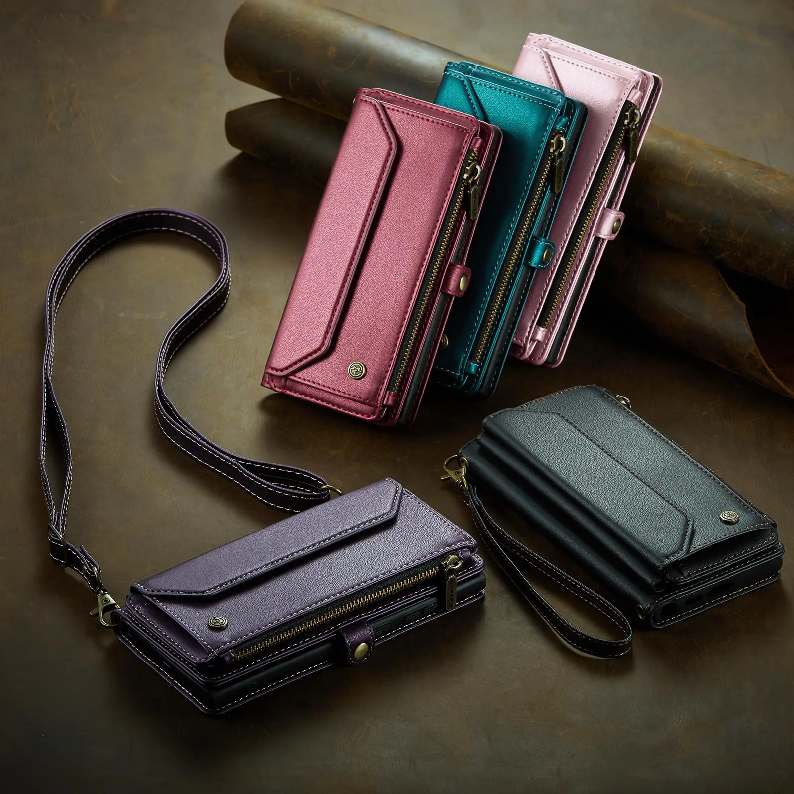 Phone Case with Card Holder & Wrist Strap & Crossbody Strap, 1 Set Anti-drop Protection Magnetic Protective Shell Phone Case Cover with Card Slots, Mobile Phone Accessories Casing Compatible with iPhone Series Protector, Mobile Devices Accessory