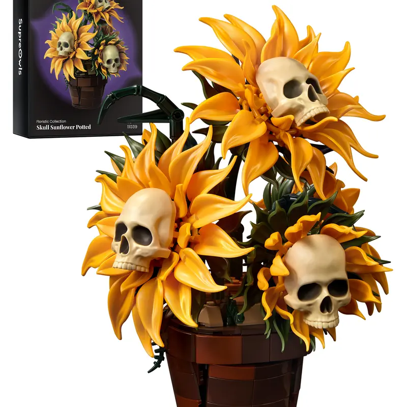 SupreOwls Gothic Sunflower Building Set for Adults - Skull Flower Sculpture Blocks, Dark Floral Home Decor, Halloween Aesthetic Desk Ornament, Relaxing DIY Botanical Model Gift for Collectors