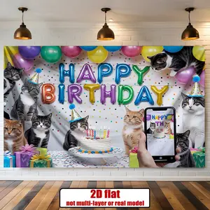 Reusable 2D Flat Cat Birthday Banner, 1pc Polyester Festive & Home Decoration for Wall Display