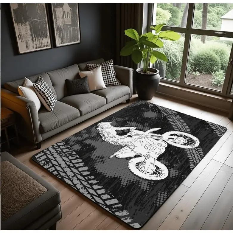 Racing Car Area Rug ,Motocross Motorcycle Decor Non Shedding Rug for Kids Teen Adults,Extreme Sport Dirt Bike Decorative Carpet for Playroom Bedroom Dining Room