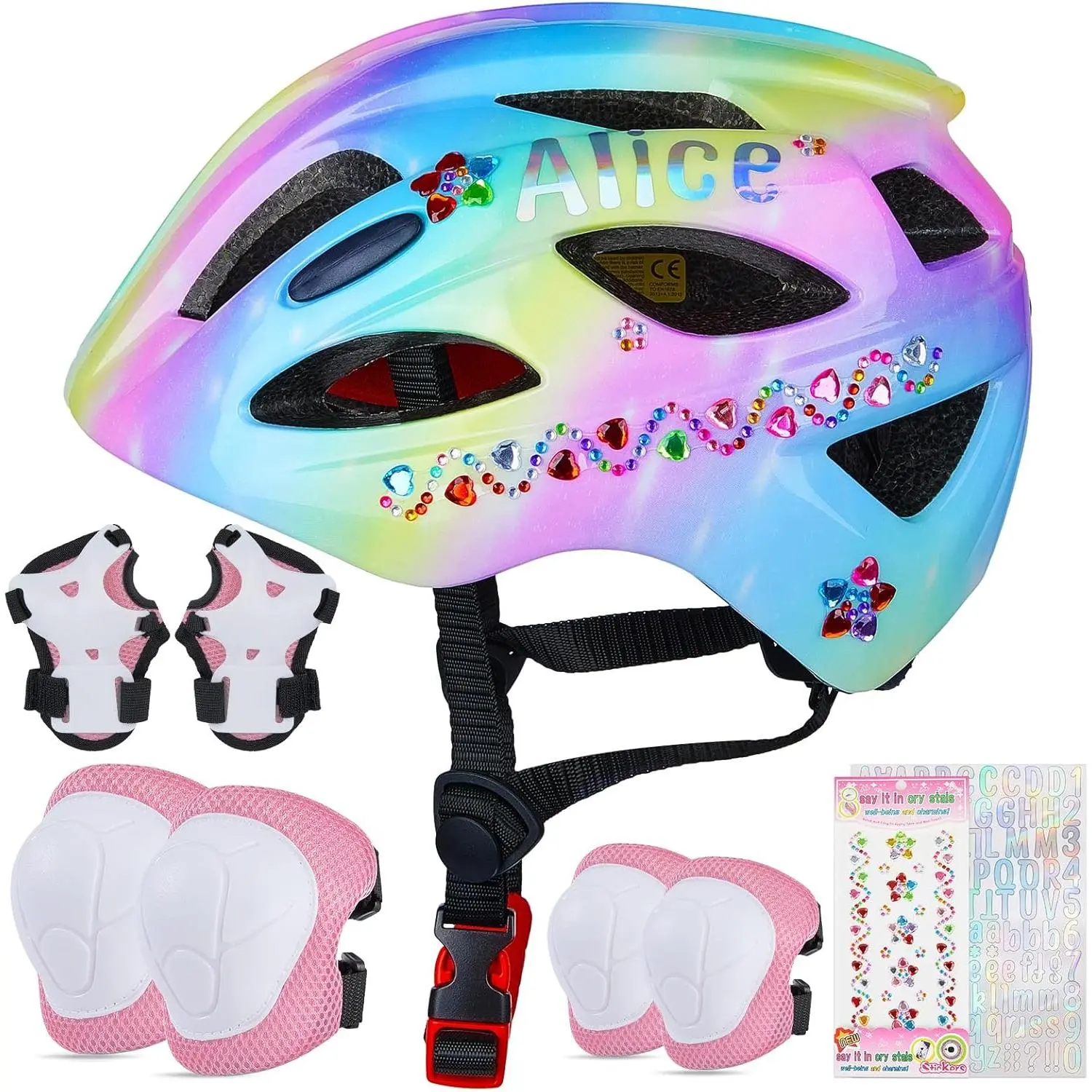 Girls' 7-in-1 Snap Oxford Fabric Helmet & Pads Set, 4-5/3-8 Ages Adjustable Fit, 11 Ventilation Vents, Breathable Knit Fabric for Biking/Skating Graphic Print Protective Gear