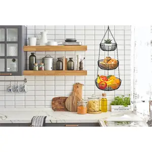 3-Tier Hanging Basket Fruit Organizer Kitchen Heavy Duty Wire Organizer with 2 Free Bonus Metal Ceiling Hooks, Black Hangable
