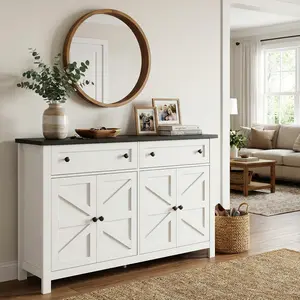 55in Sideboard Buffet Cabinet Modern Farmhouse Coffee Bar Cabinet for Dining Room Living Room with 2 Drawers 4 Doors Adjustable Shelves Waterproof Top & Anti-Tipping Kit