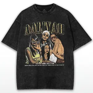 Aaliyah Princess of R&B Vintage 90s Bootleg Rap Tee Style Mineral Washed T-Shirt - Retro Photo Collage Graphic Tee Featuring the Queen of Urban Pop Dana Haughton