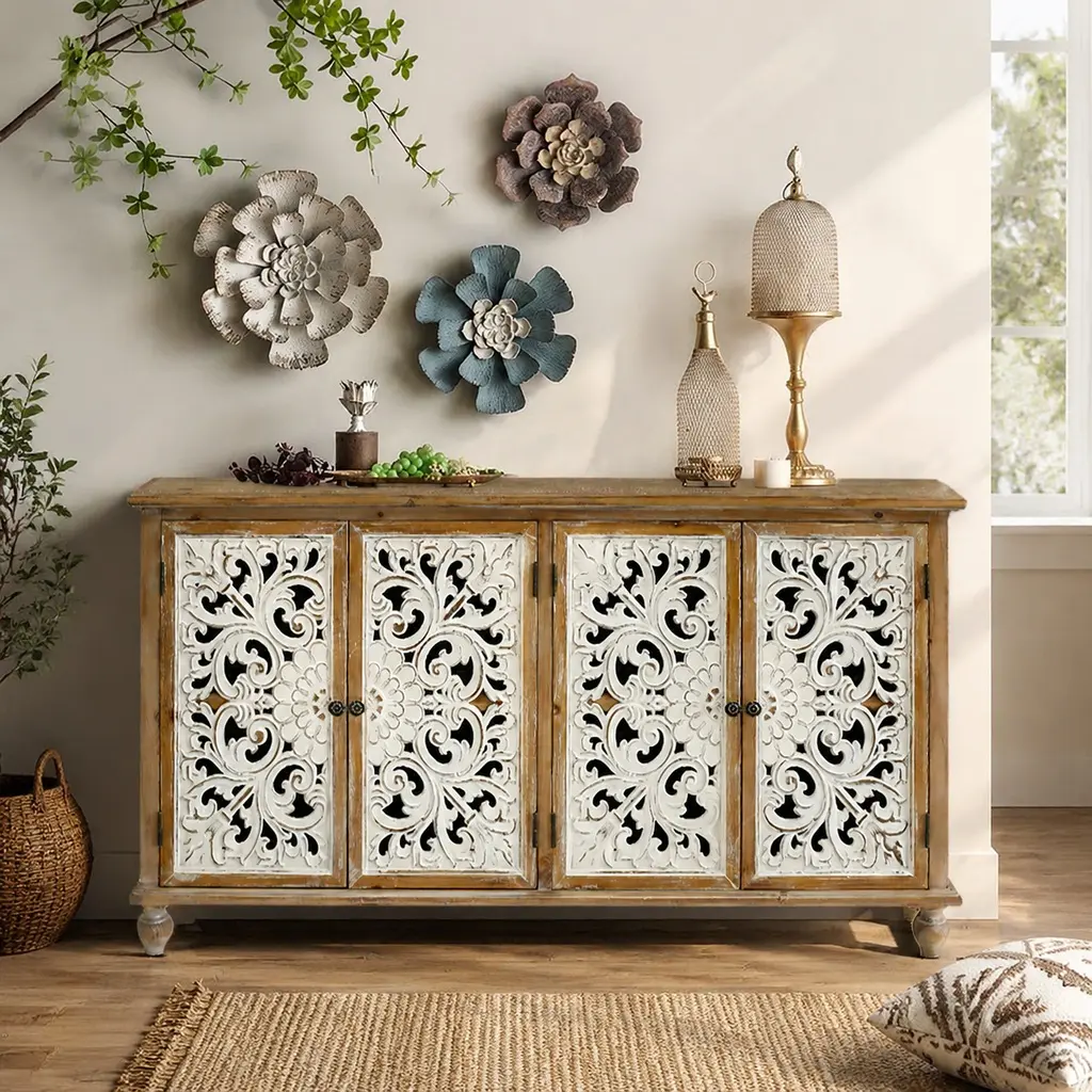 Accent Cabinet with 4 Doors Farmhouse Sideboard Buffet Storage Cabinet Wood Carved Floral Doors Antique Natural MDF Distressed Credenza for Living Room Dining Room Entryway Hallway Kitchen, Antique Natural Color Options, MDF Material