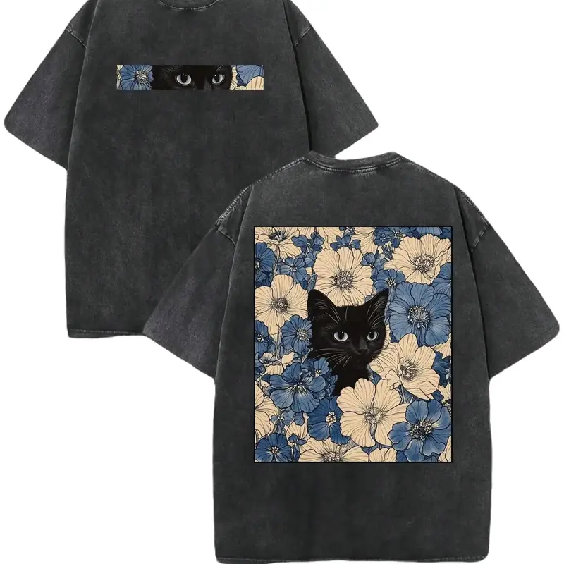 Men's "Cat in the Flowers" Double-Sided Print Vintage Graphic Tee, 230gsm Cotton Retro Wash Vibe Loose Crewneck, Broken-In Soft Casual Streetwear Oversized Menswear Top