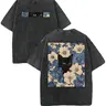 Men's "Cat in the Flowers" Double-Sided Print Vintage Graphic Tee, 230gsm Cotton Retro Wash Vibe Loose Crewneck, Broken-In Soft Casual Streetwear Oversized Menswear Top