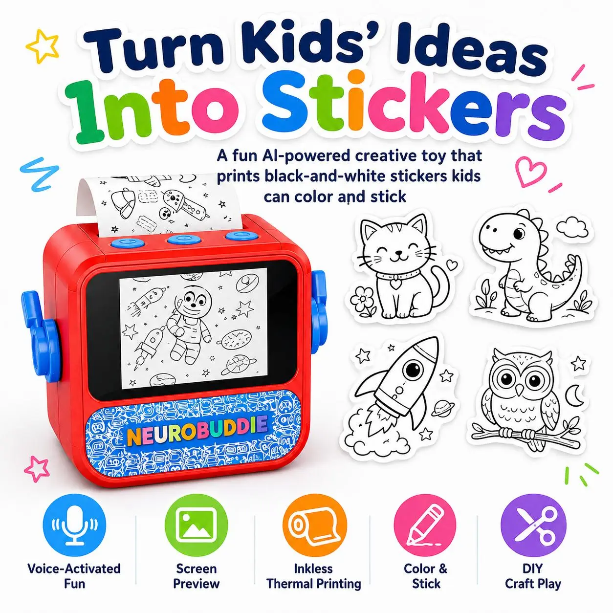 NeuroBuddie AI Sticker Printer Machine for Kids Ages 5+, Portable Voice-Printing Inkless Thermal Device with Small Screen, AI Filters, Built-In Safety, Print Stickers, 5 Thermal Paper Rolls, DIY Craft Play Tool for StickerBox & Journals