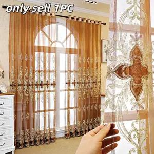 1PC Elegant European Style Living Room Curtain, Coffee Color Embroidered Floral Sheer, Sunscreen Balcony Window Cover, Finished Floor-To-Ceiling Curtains