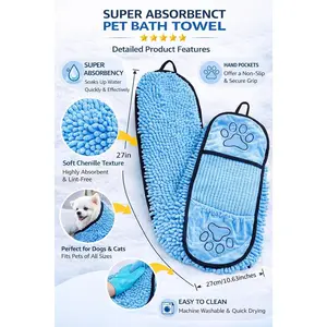 Super Absorbent Dog Bath Towel & Grooming Glove Set Soft Chenille Dog Drying Towel for Small Dogs & Puppies Quick Dry Machine Washable Non-Toxic Blue