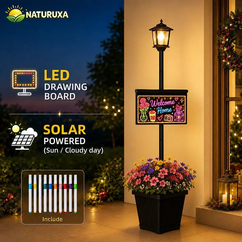 Naturuxa Solar Light With Planter And Led Drawing Doard – color brushes included,50% More Efficient Monocrystalline Panel, 10-12Hrs Battery Life, IP65 Waterproof, Interchangeable Holiday Art Panels for Garden, Patio,,Christmas,Halloween,Easter,Valentine's