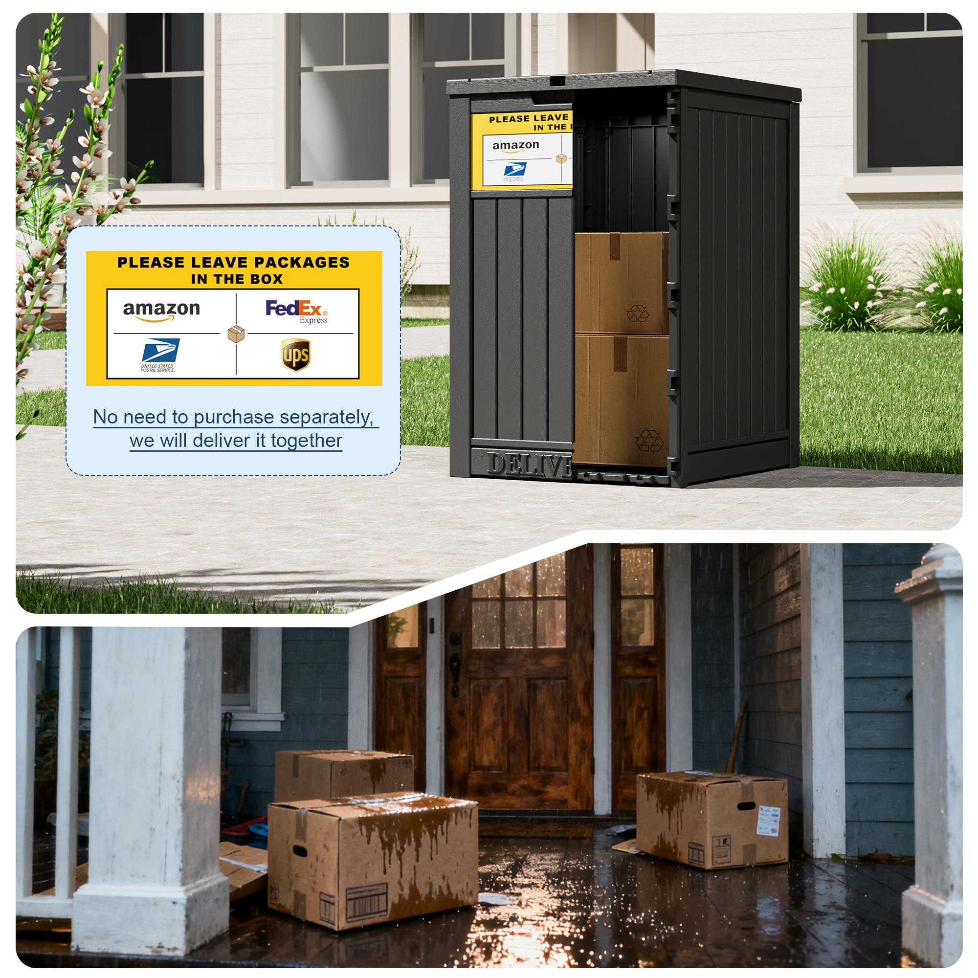 RIWENGO Package Delivery Box for Outside with Sign, 48 Gallon Storage with Lockable Secure, Large Double Wall Resin Outdoor Package Delivery Waterproof Secure Anti