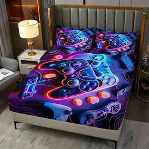 3-Piece Neon Game Controller Print Fitted Sheet Set, Includes 2 Pillowcases, Non-Slip Mattress Protector, Durable Comfort, Cyberpunk Style Gaming Room & Bedroom Decor, Ideal Gift for Gamers