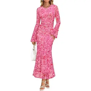 ZESICA Women's Long Sleeve Floral Bodycon Dress 2026 Spring Fall Ruched Mesh Wedding Guest Cocktail Party Maxi Dresses