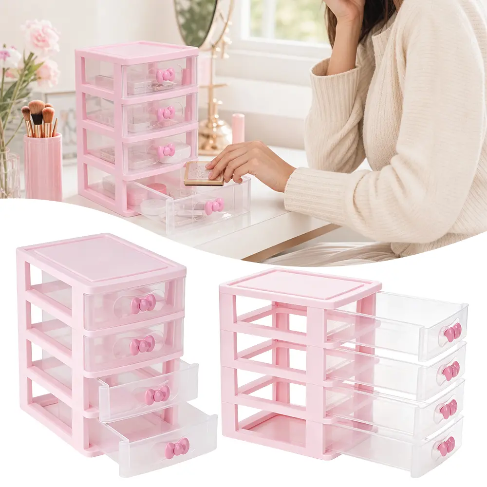 1Pcs 4 Layers Plastic Storage Organizer for Girls, Cute Desktop Jewelry & Makeup Box with Bow Handle, Ideal for Teens’ Room Decor & School Supplies