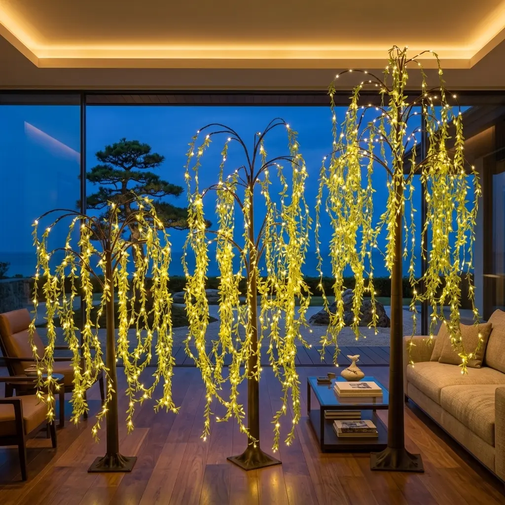 Charming LED Weeping Willow Light—USB-powered floor lamp available in 3.9ft, 4.9ft, and 5.9ft sizes; an artificial willow tree light perfect for home decor, bedrooms, living rooms, weddings, parties, and holiday celebrations.