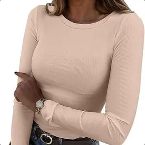 Women Long Sleeve Crewneck Rib KnitSlim Fit Shirts Basic Tee Tops 2025 Casual T-ShirtGoing Out Workout Outfits Womenswear Knitwear