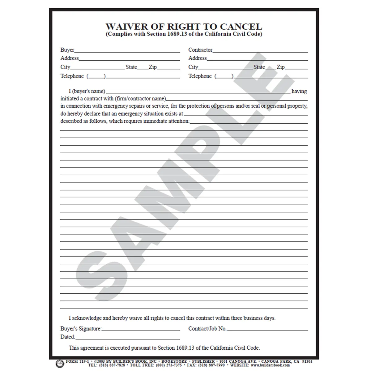 219 - Waiver of Right To Cancel Pack of 25 Forms