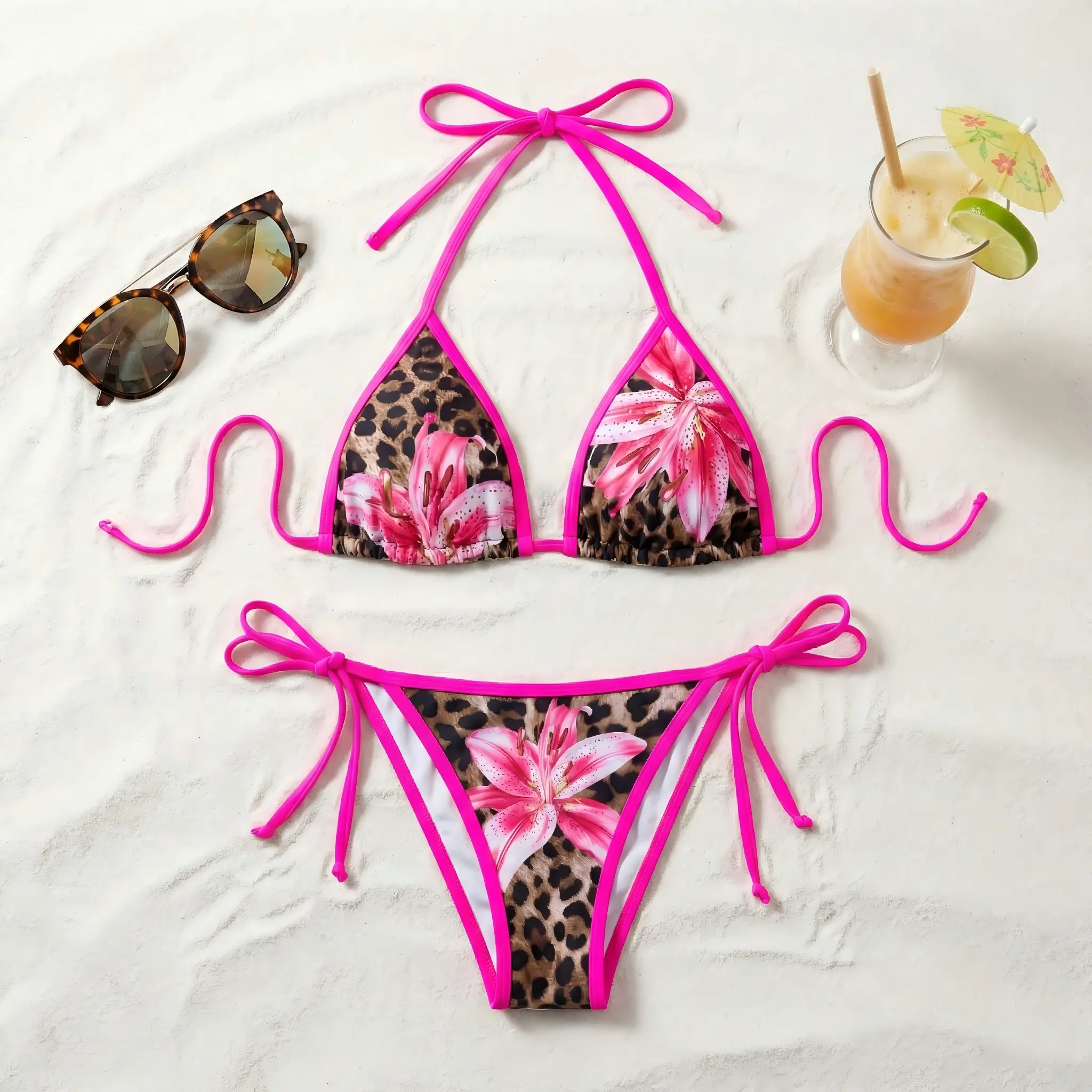 Women's Bold Print 2-Piece Bikini Sets - Leopard & Pink Adjustable-Strap Triangle Top, Tie-Side High-Cut Cheeky Bottoms, S-L Sizes, Bikini Beach Wear for Beach & Cruise (Lay Flat to Dry), No