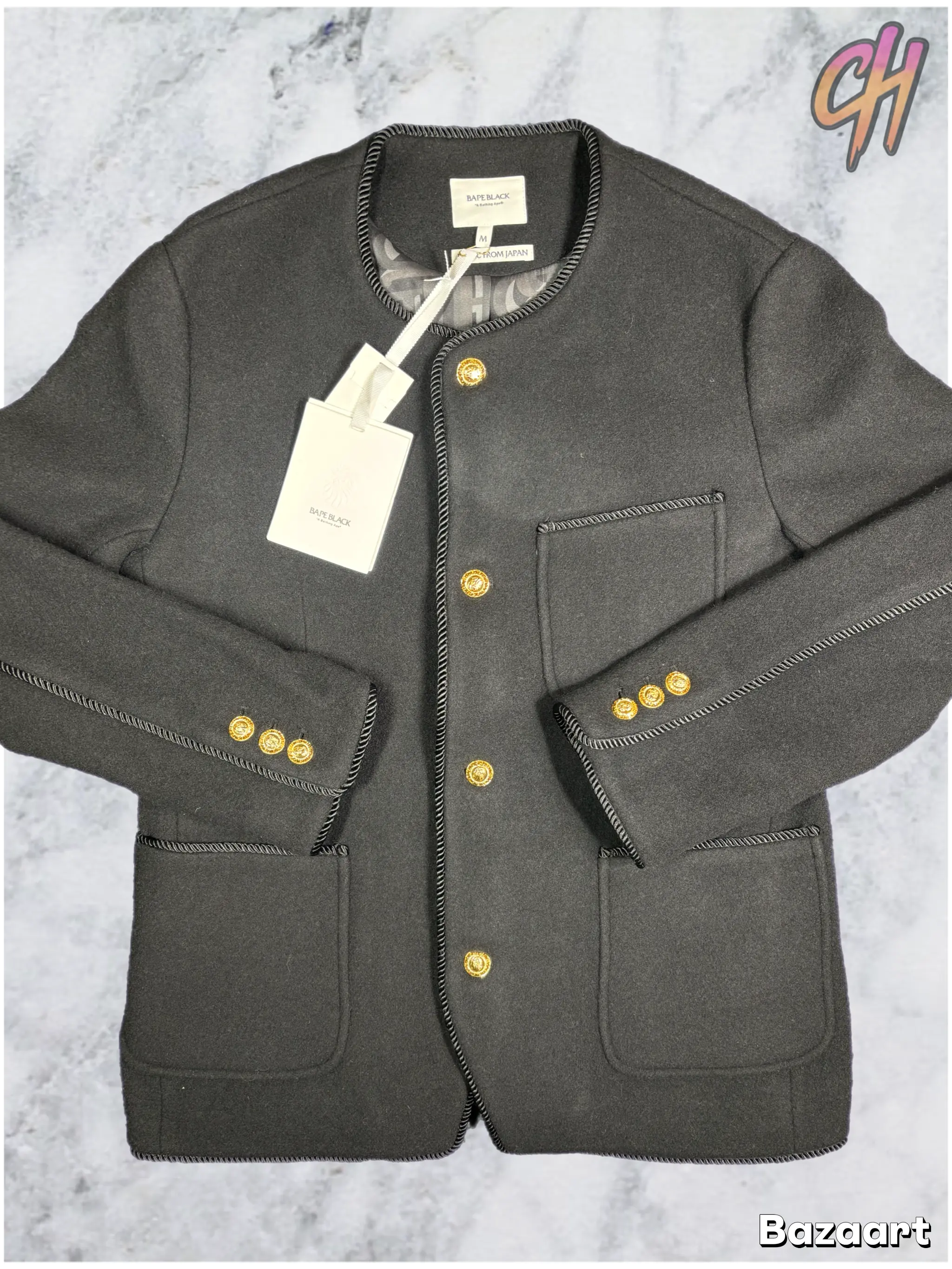 Bape Black Collarless Wool Black Chinese Jacket Size XL (MSRP: $1,000)
