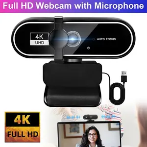 4K Webcam with Privacy Cover, Full HD Network Camera for Online Learning and Remote Work, Auto Focus and Exposure, 360° Rotation, USB Compatibility