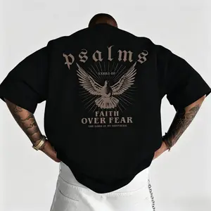 Aesthetic 'Faith Over Fear' Psalm 23 Graphic T-Shirt | Premium 100% Cotton Heavyweight Loose Fit Tee | Retro Christian Dove Faith Apparel for Men & Women | 2026 Religious Gift | Soft Breathable Vintage Black Streetwear Top