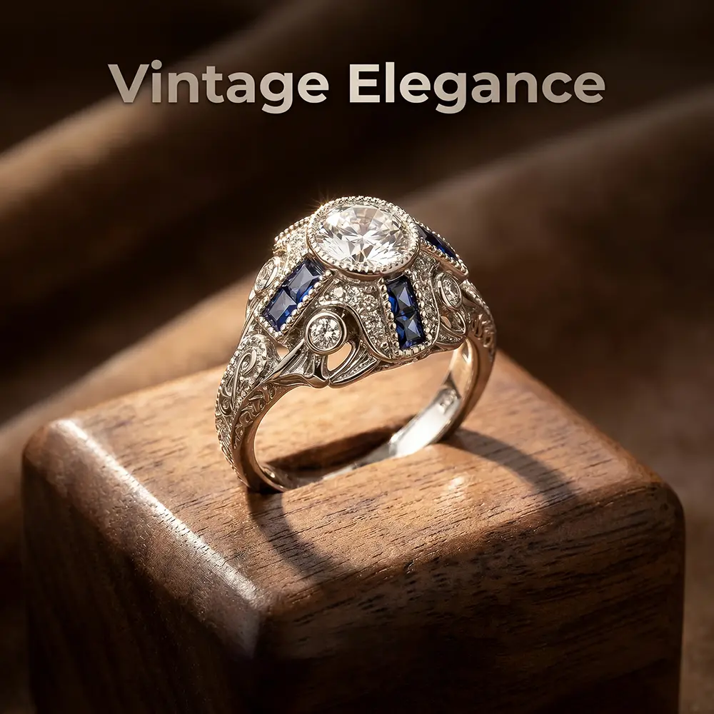 Art Deco Vintage Synthetic Sapphire Ring - Edwardian-Inspired Colored Gemstone Ring, Sparkly Embellished Vintage Bridal Costume Jewelry, Colored Gemstone Rings, Sparkly Embellished Rings