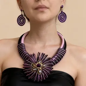 New Arrival Exaggerated Aluminum Wire Woven Flower Crystal Statement Jewelry Set - Short Geometric Necklace, Earrings & Bracelet