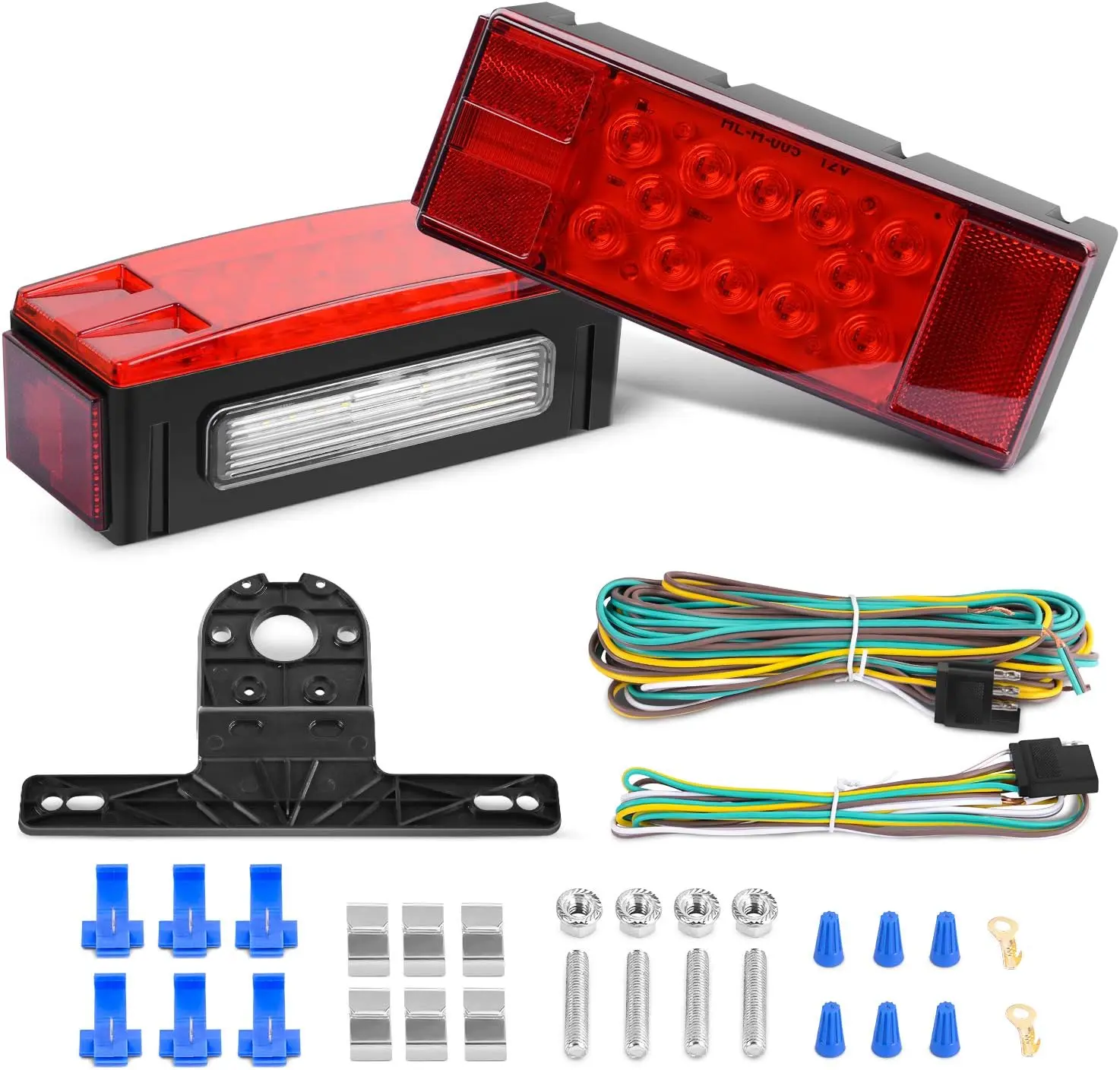 Nilight 2PCS Low Profile Rectangular Submersible 12V LED Car Lighting Kit - Multi-Function Led Brake, Tail, Blinker, Red Signal, Side Marker, License Plate Bracket Mount, Includes Hardware Pack, Trailer Wiring Harness for RV, Marine Boats