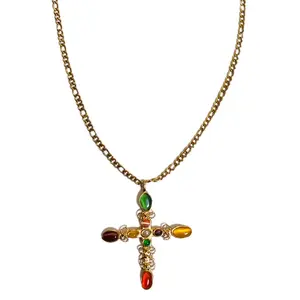 Wealth Natural Gemstone Cross Pendant Figaro Necklace