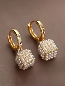 French Vintage Geometric Square Faux Pearl Earrings, Simple Elegant Design, Unique Ladies' Daily Wear Party Jewelry, High Quality Earrings