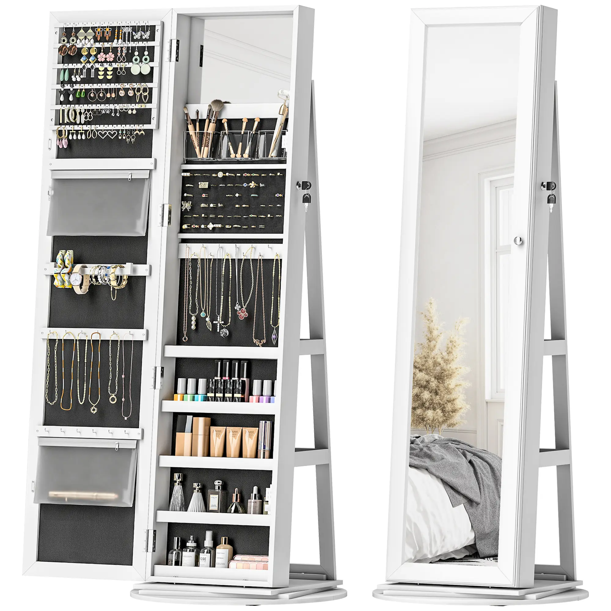 Freestanding 360° Swivel Jewelry Armoire with Full-Length HD Mirror, Lockable Door (2 Keys), Large Classified Storage, 120 Earring Slots, 78 Ring Slots, Solid MDF Mirror Cabinet for Indoor Use