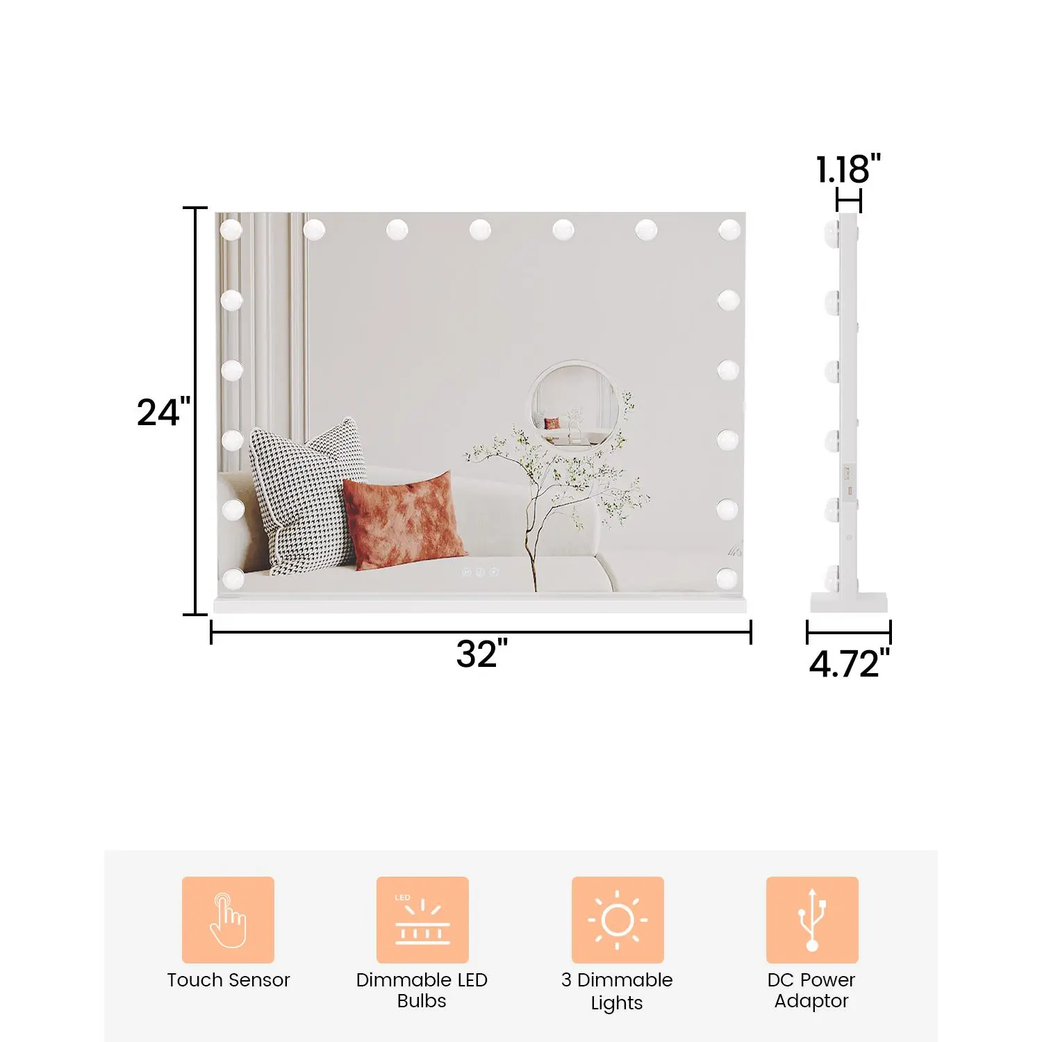 Cinematic-Style Vanity Mirror with Lights – 19-Inch Round Bathroom Makeup Mirror, 3-Color Dimmable LED, Touch Control, 3X Magnification, Metal Frame