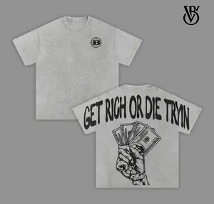 Get Rich or Die Tryin Graphic Tee – Vintage Washed Oversize Streetwear T-Shirt, Money Print Hip Hop Rap Inspired Top, Heavyweight Cotton Urban Outfit