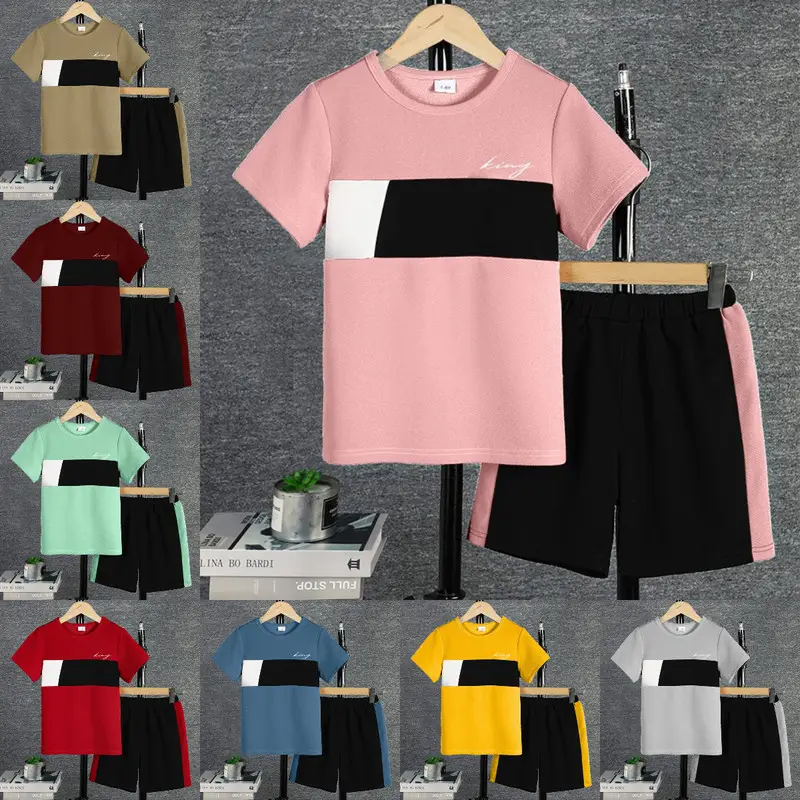 Baby Boys Clothes Color Block Summer Short Sleeve Casual Tee Elastic Side Splicing Shorts 2Pcs Outfits Sizes 1-15