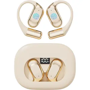 Open-ear headphones, Bluetooth 5.4 sports earphones, with smart digital display, 40 hours battery life, clear calls, IPx4 waterproof, wireless over-ear headphones, lightweight design, suitable for cycling, running, and workouts (beige)
