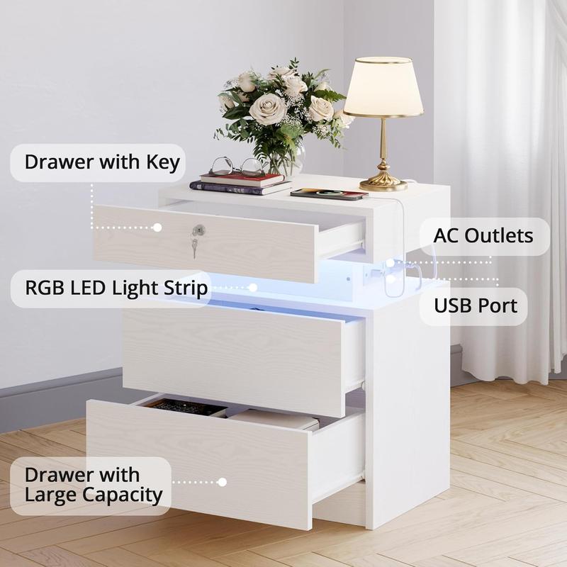 LIKIMIO Night Stand with Charging Station, Modern Nightstand with LED Light and 2 Drawers, Bedside Tables/End Table for Bedroom