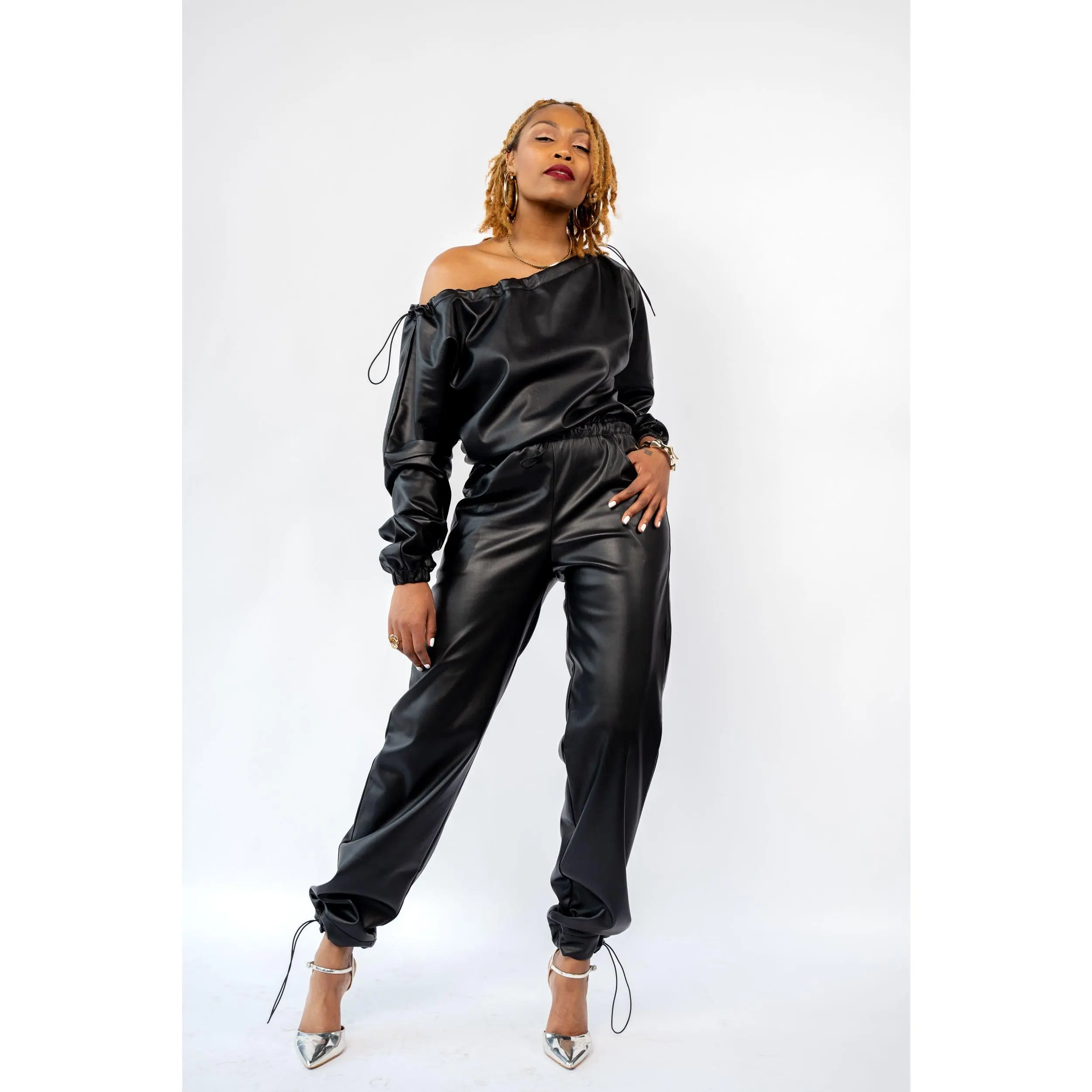 Tall Women's Jumpsuit in Faux Leather with Adjustable Shoulders, Loose Top, Elastic Waist, Deep Pockets and Convertible Jogger/Straight Pant Leg