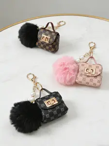 Vintage Faux Fur Elegant Geometric Pattern Earphone Mini Bag Keychain Charm, Unique Charm Lock Buckle Women's Bag Accessory Keychain For Bags