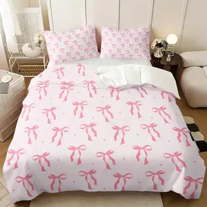 Coquette Pink Bow Duvet Cover Set (No Core), Soft Breathable Pastel Bow Print Bedding, 1 Duvet Cover + 1/2 Pillowcases, All Season Bed Set for Teens, Women & Girly Home Decor