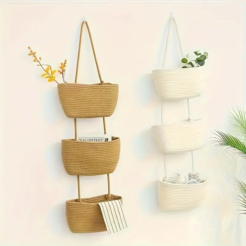 1sct 3Tier Rope Woven Hanging Storage Basket - Removable Decorative Organizer for Living Room, Bathroom and Bedroom - Door Hanging Basket with Multiple Storage Compartments, Shelf Basket Weaving Hanging Baskets, Wall Planters