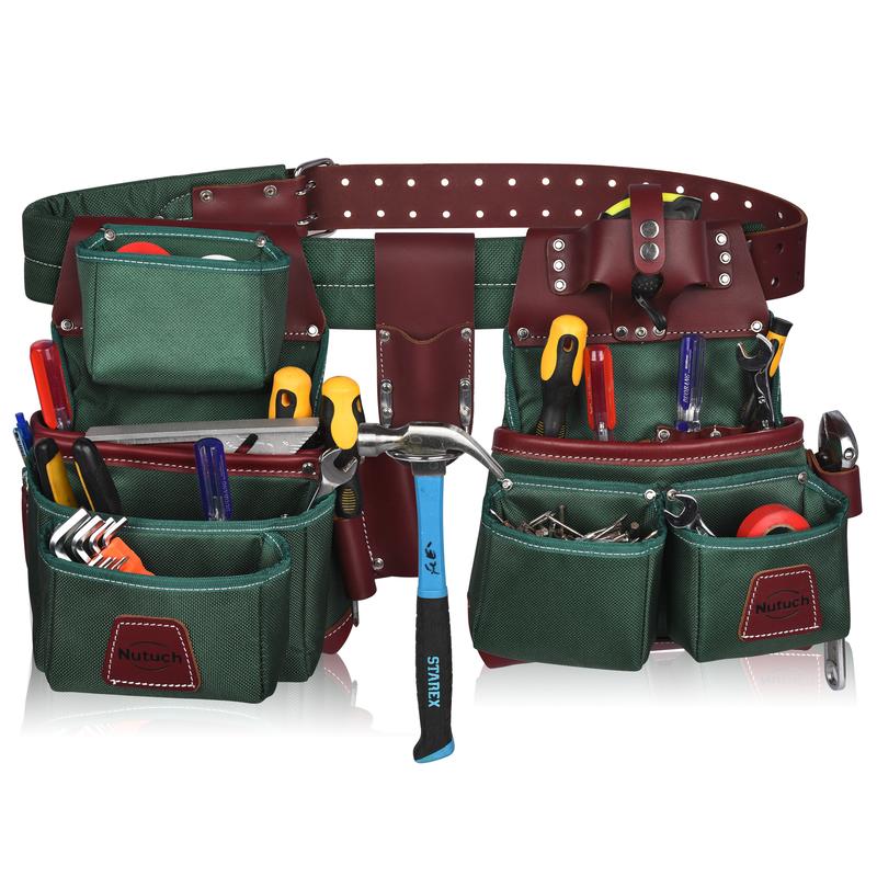 NUTUCH Green Heavy Duty Nylon and Leather Tool Belt for Carpenters, Framers, and Electricians